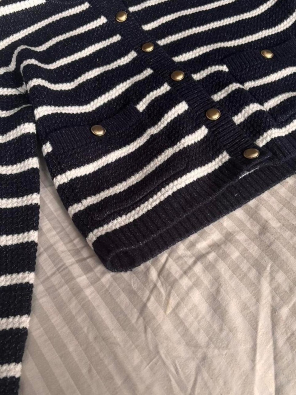Stunning brand new never worn navy sweater with white swipes and golden buttons!